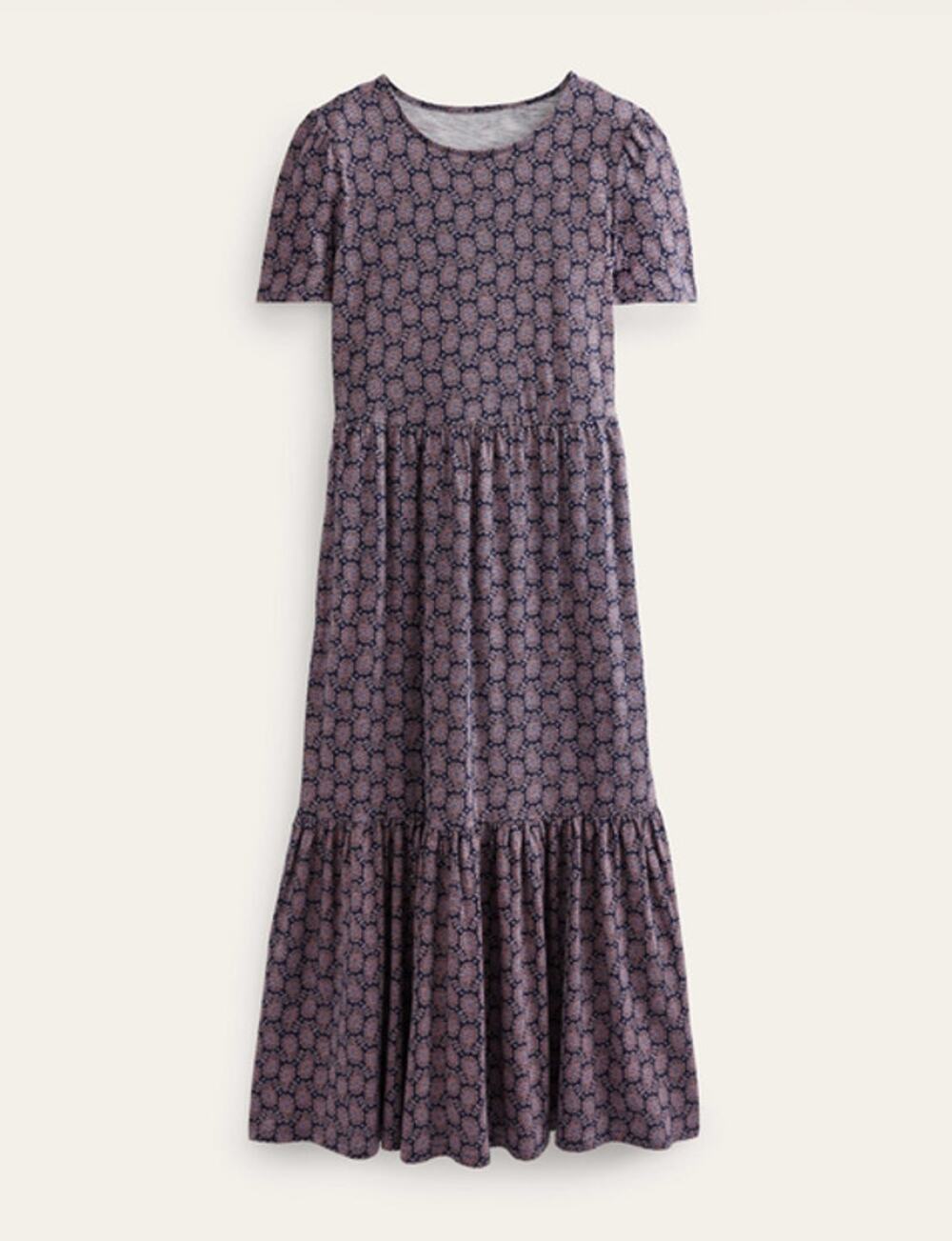 Boden Emma Tiered Jersey Midi Dress French Navy Paisley Heart Size 14 Long